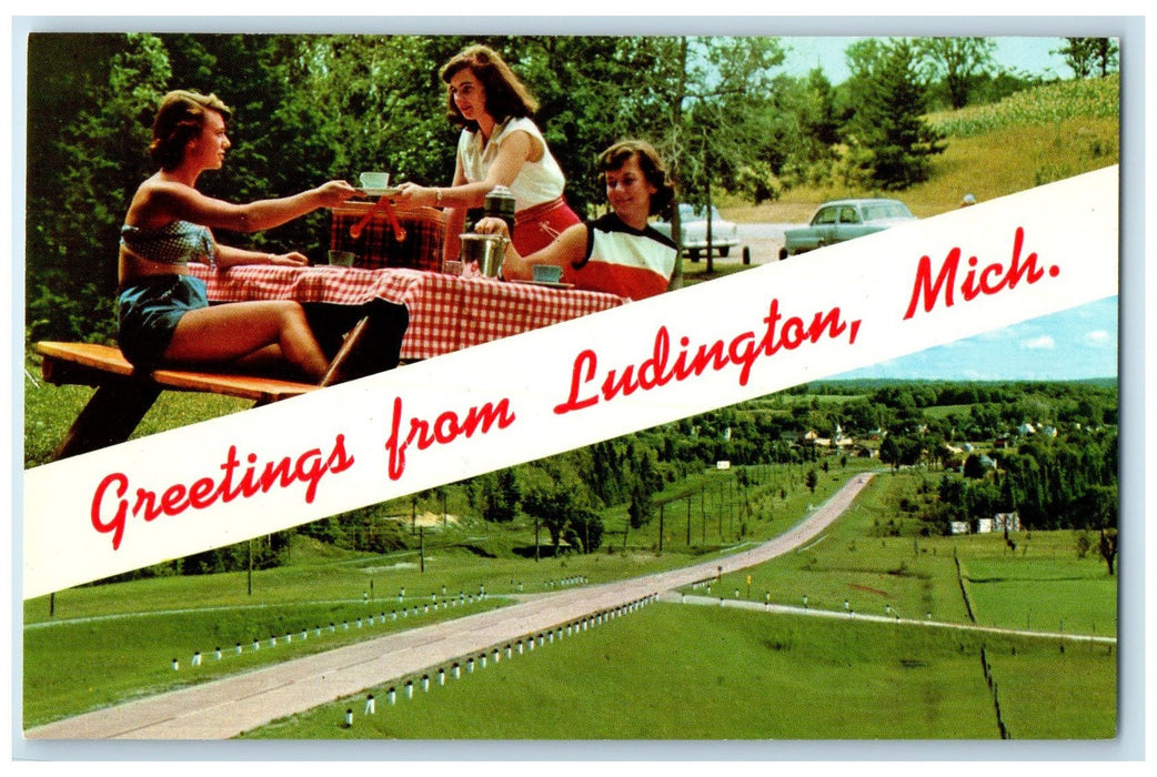 c1950's Greetings From Ludington Roadside Group Coffee Ludington MI Postcard