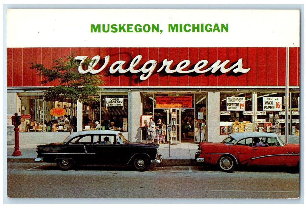 c1920's Walgreens Restaurant Department Store Classic Cars Muskegon MI Postcard