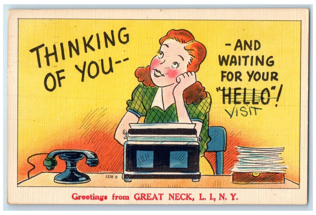 1953 Greetings From Great Neck Long Island Girl Wondering New York NY Postcard