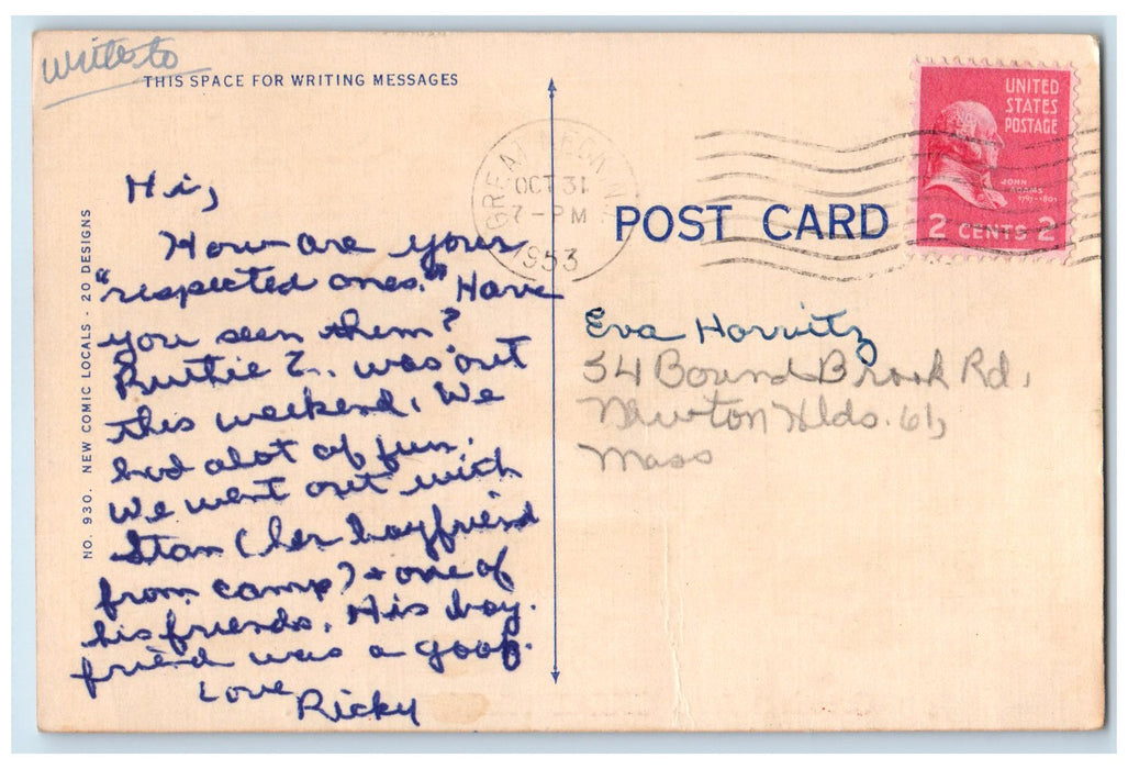 1953 Greetings From Great Neck Long Island Girl Wondering New York NY Postcard