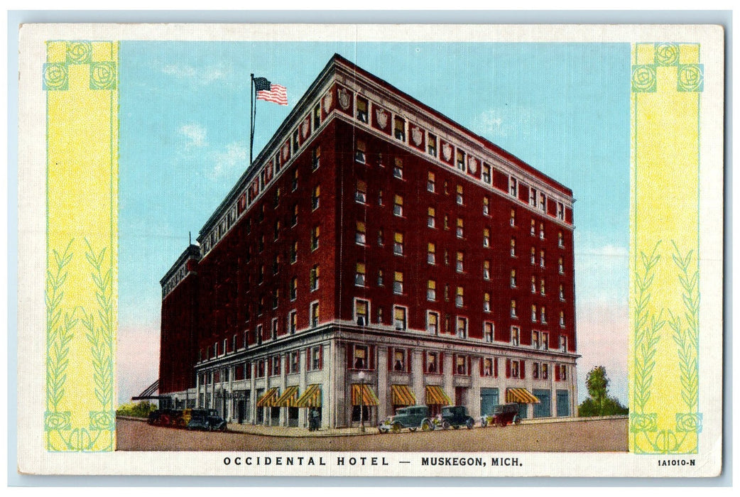 c1940's Occidental Hotel Building Restaurant Cars Muskegon Michigan MI Postcard