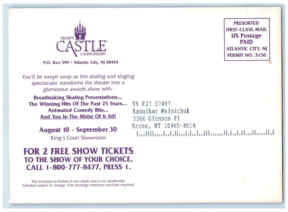 c1960s Trumps Castle Casino Resort Atlantic City New Jersey NJ Unposted Postcard