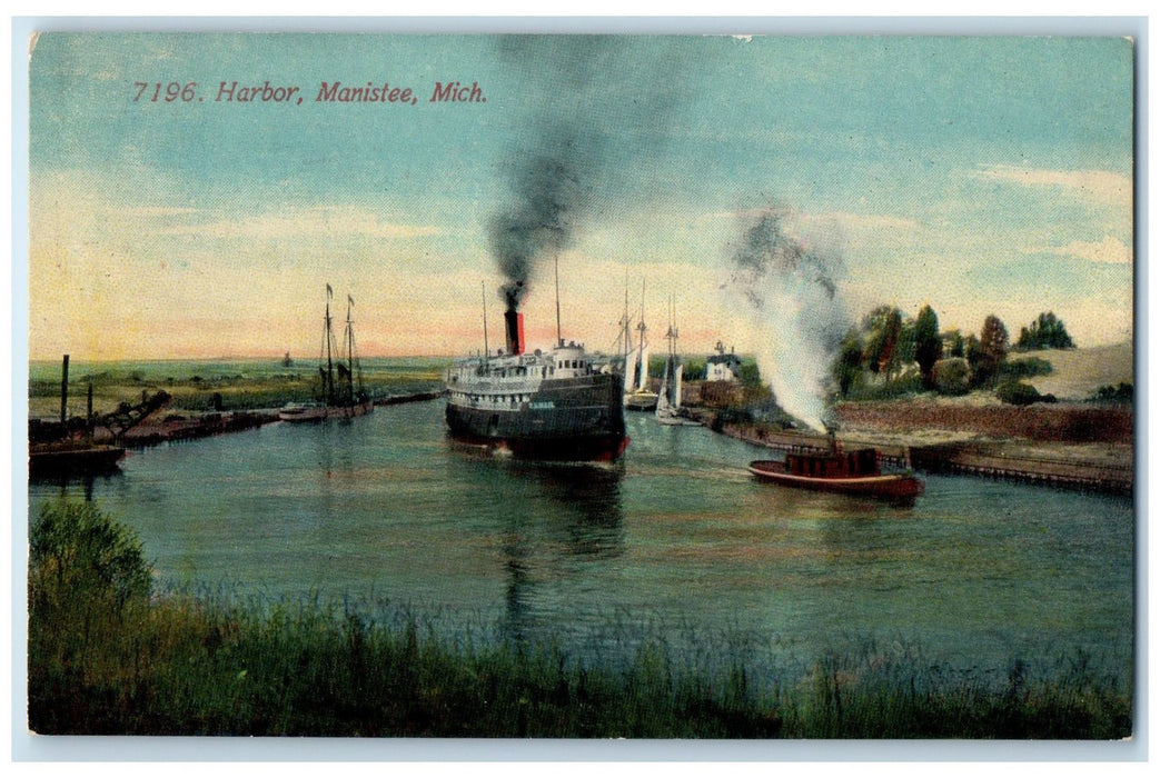c1910 Harbor Steam Boat Passenger Ship Lake River Manistee Michigan MI Postcard