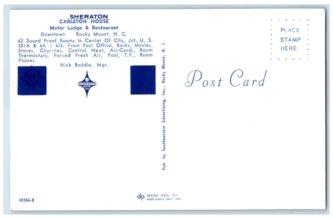 c1960's Sheraton Carleton House Motor Lodge & Restaurant Rocky Mount NC Postcard