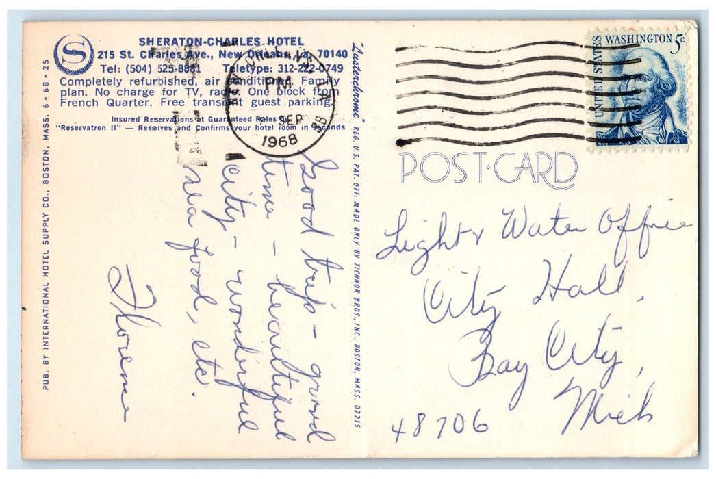 1968 Sheraton Charles Hotel Exterior New Orleans Louisiana LA Posted Postcard