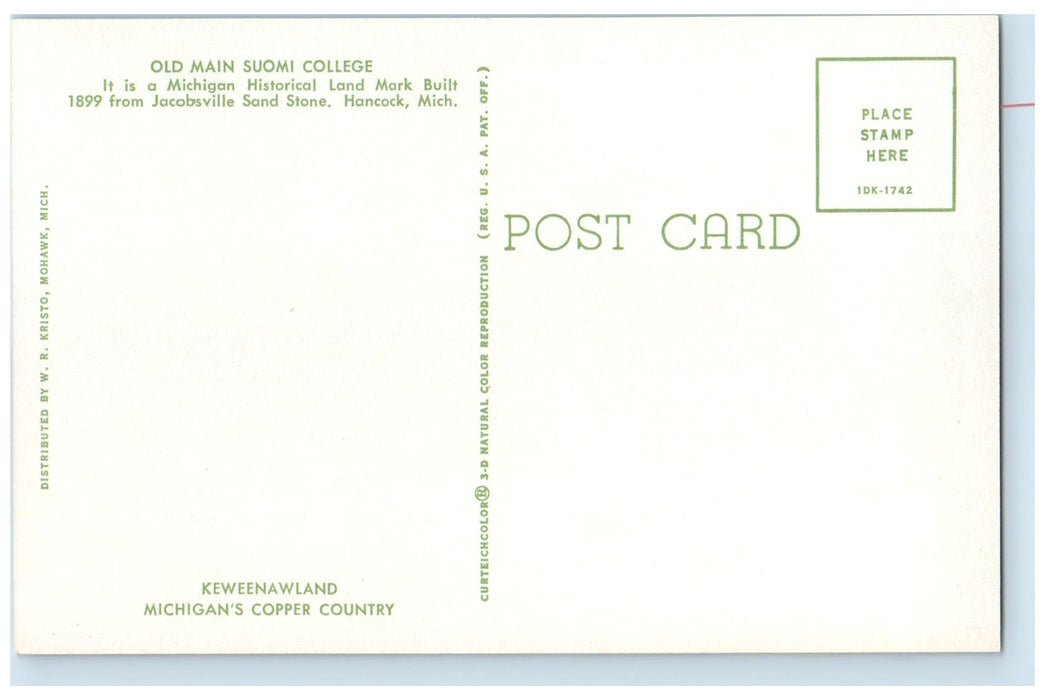 c1950 Old Main Suomi College Building Historical Land Mark Hancock MI Postcard