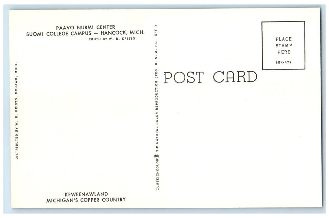 c1950's Paavo Nurmi Center Suomi College Campus Hancock Michigan MI Postcard