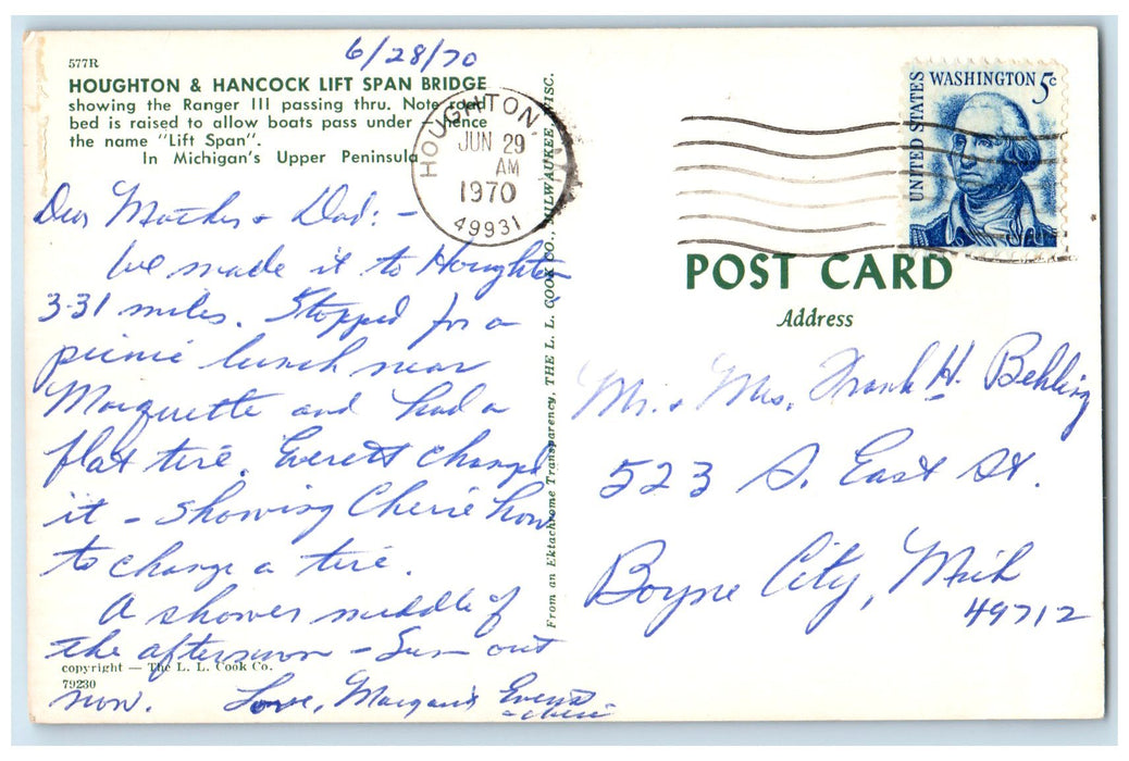 1970 Houghton & Hancock Lift Span Bridge Passenger Boat Houghton MI Postcard