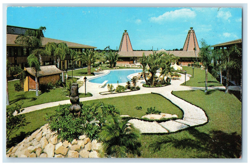 c1960s Tahitian Motor Lodge Trees Pool Scene New Port Richey Florida FL Postcard