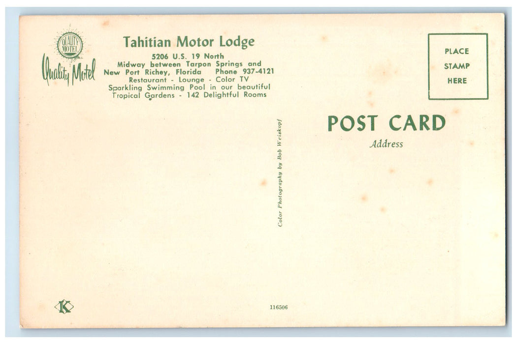 c1960s Tahitian Motor Lodge Trees Pool Scene New Port Richey Florida FL Postcard