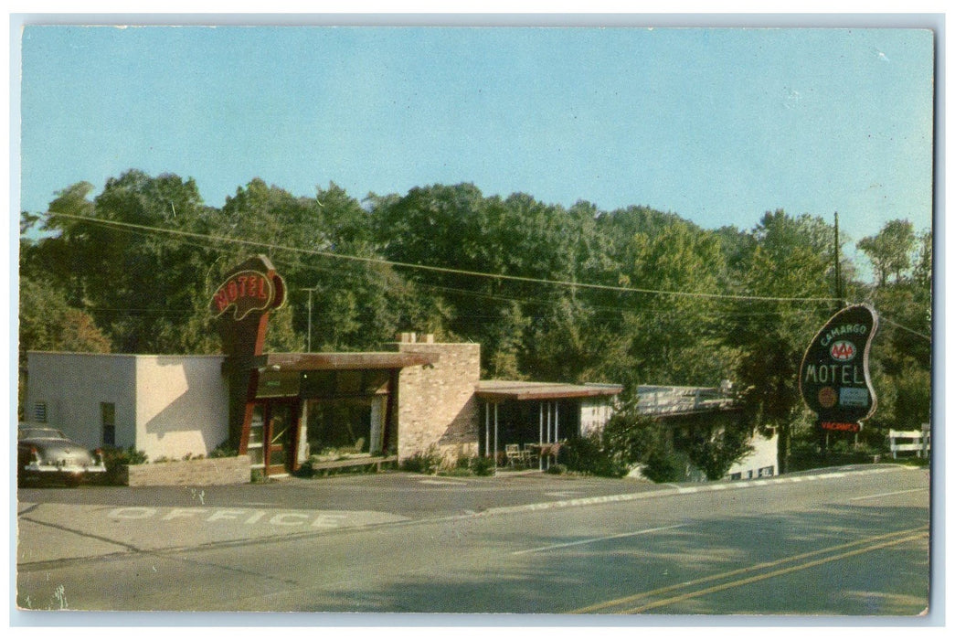 c1960s Camargo Lodge Motel Exterior Roadside Cincinnati Ohio OH Trees Postcard