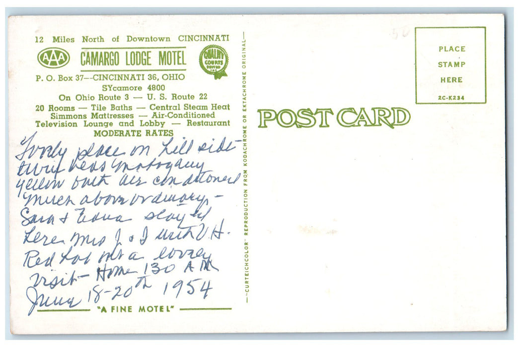 c1960s Camargo Lodge Motel Exterior Roadside Cincinnati Ohio OH Trees Postcard