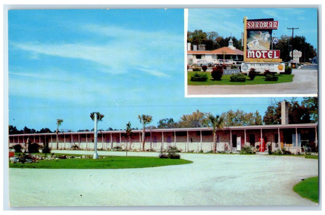 c1960s Sandman Motel Inc. Dual View Rockingham North Carolina NC Trees Postcard