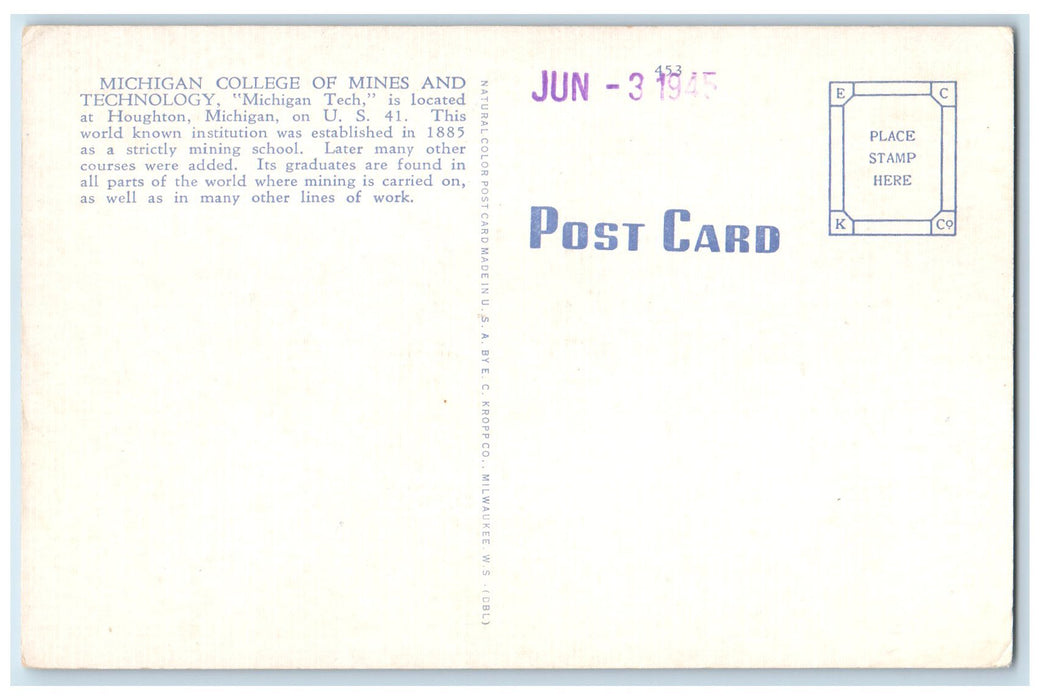 c1940's Michigan College Of Mines & Technology Houghton Michigan MI Postcard