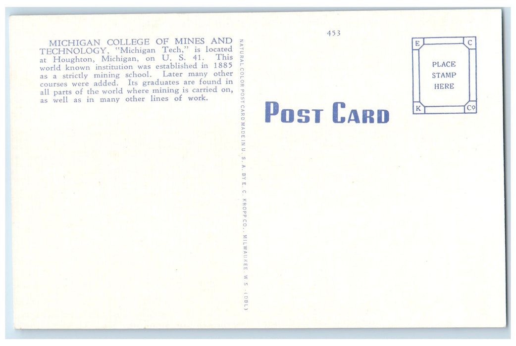 c1940 Michigan College Of Mines & Technology Copper Country Houghton MI Postcard