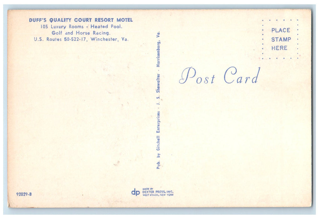 c1960s Duff's Quality Court Resort Motel Scene Winchester Virginia VA Postcard