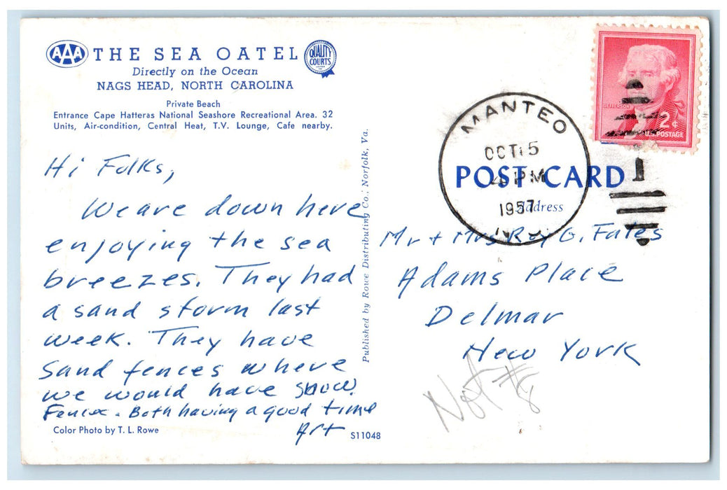 1957 The Sea Oatel Exterior Roadside Nags Head North Carolina NC Posted Postcard