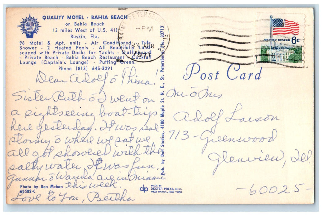 1971 Quality Motel Bahia Beach Bathing Scene Ruskin Florida FL Posted Postcard