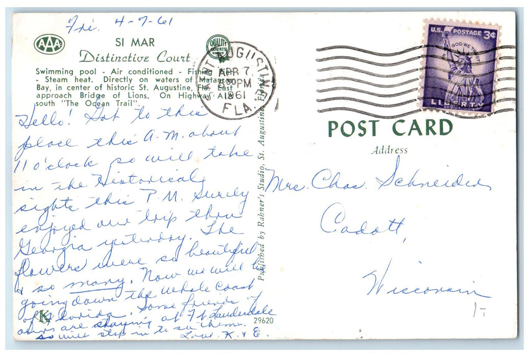 1961 Si Mar Distinctive Court Exterior St. Augustine Florida FL Posted Postcard