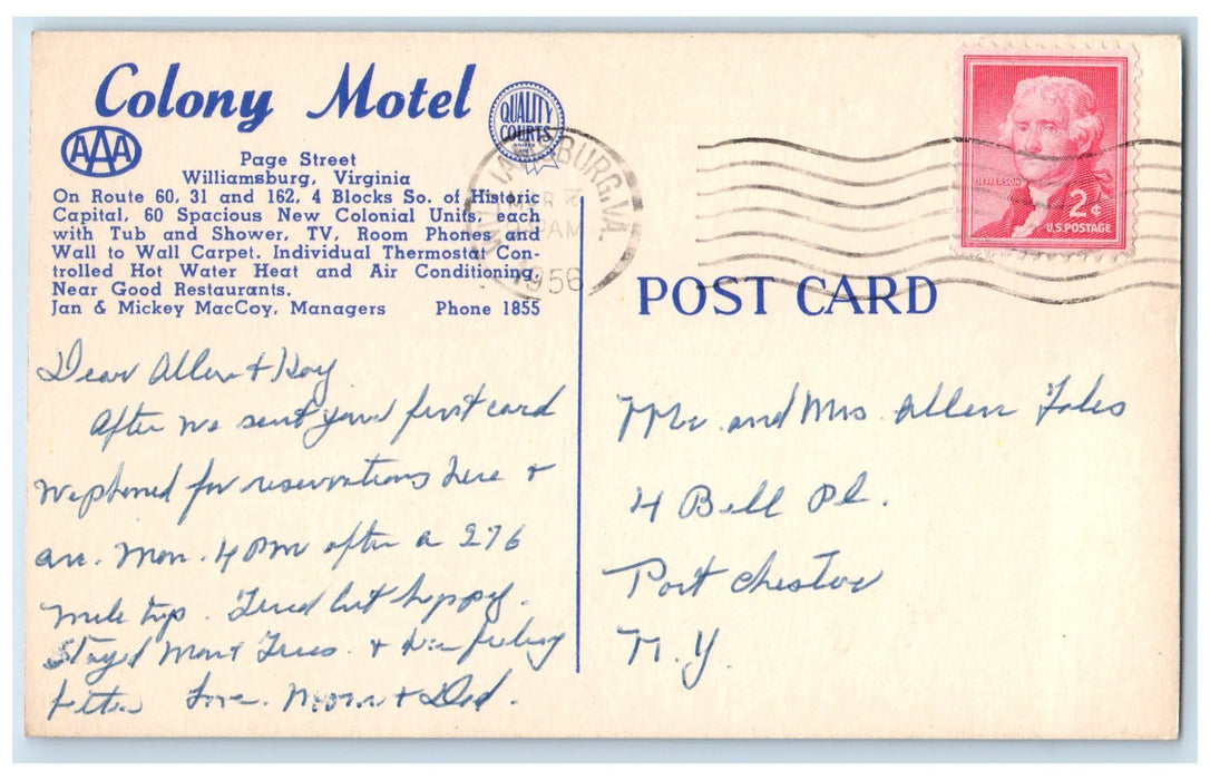 1956 Colony Motel Exterior Roadside Williamsburg Virginia VA Posted Postcard