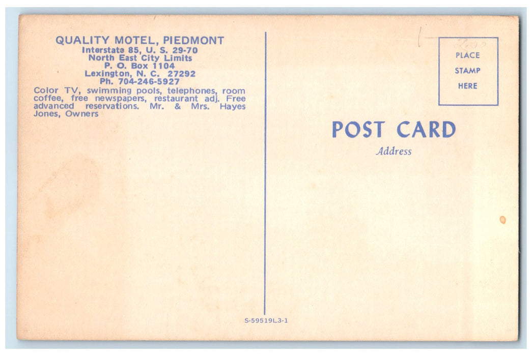 c1960s Quality Motel Piedmont Lexington North Carolina NC Unposted Tree Postcard