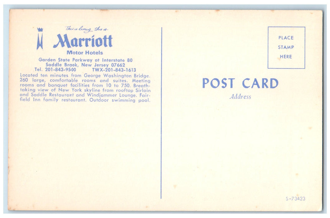 c1960s Marriott Motor Hotels Saddle Brook New Jersey NJ Unposted Cars Postcard