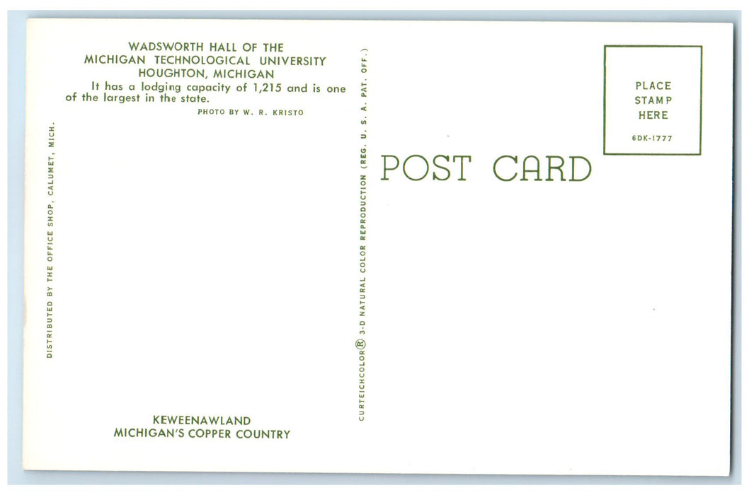 c1950's Wadsworth Hall Of Michigan Technological University Houghton MI Postcard