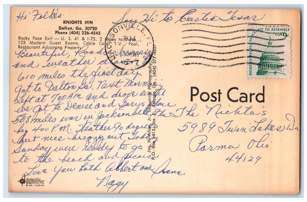 1977 Knights Inn Exterior Roadside Bedroom Dalton Georgia GA Posted Postcard