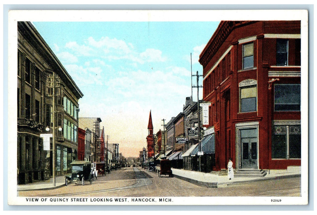 c1920 Quincy Street Railroad Classic Cars Building Hancock Michigan MI Postcard
