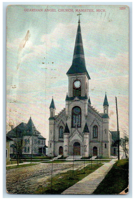 1908 Guardian Angel Church Building Clock Tower Manistee Michigan MI Postcard