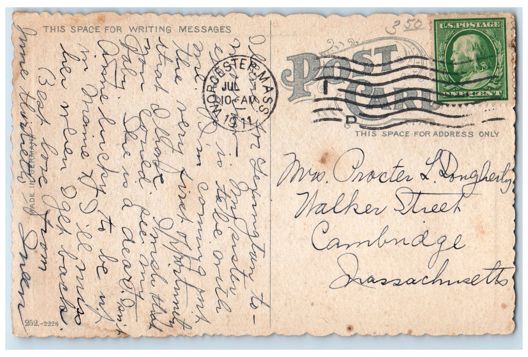 1911 Elm Beach Bridge Scene Worcester Massachusetts MA Posted Trees Postcard