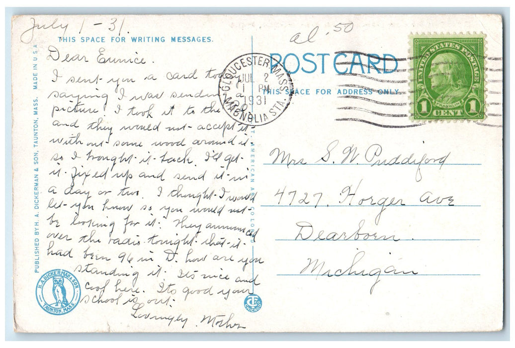 1931 Greetings From Manchester By The Sea Massachusetts MA Posted Waves Postcard