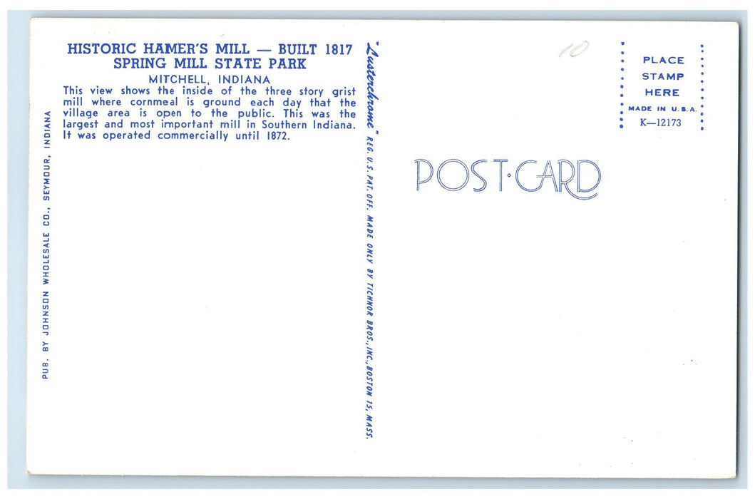 c1960's Historic Hamer's Mill Built 1817 Mitchell Indiana IN Unposted Postcard
