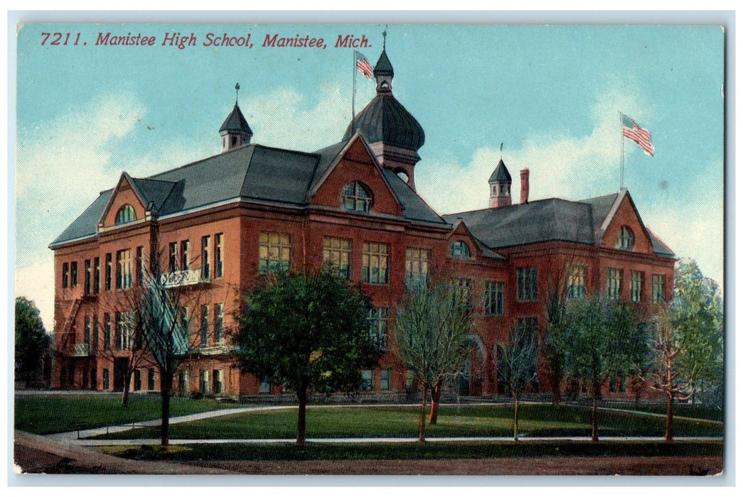 c1950's Manistee High School Campus Building Tower Manistee Michigan MI Postcard