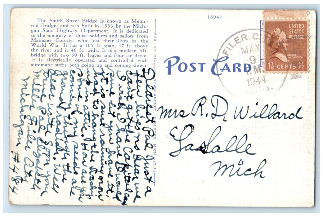 1944 Smith Street Bascule Bridge Steam Boat Manistee Michigan MI Posted Postcard