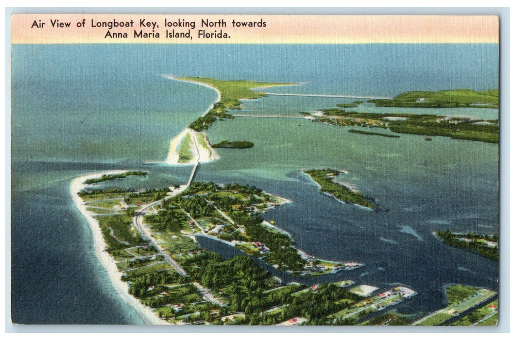 1963 Air View Of Longboat Looking North Towards Anna Maria Island FL Postcard