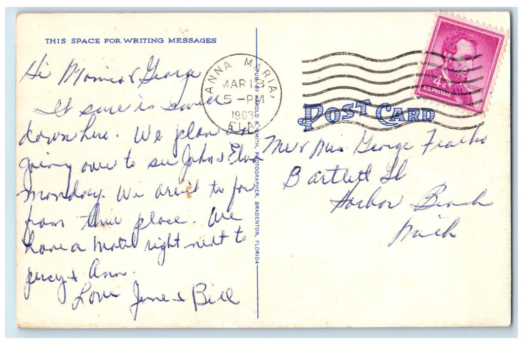 1963 Air View Of Longboat Looking North Towards Anna Maria Island FL Postcard