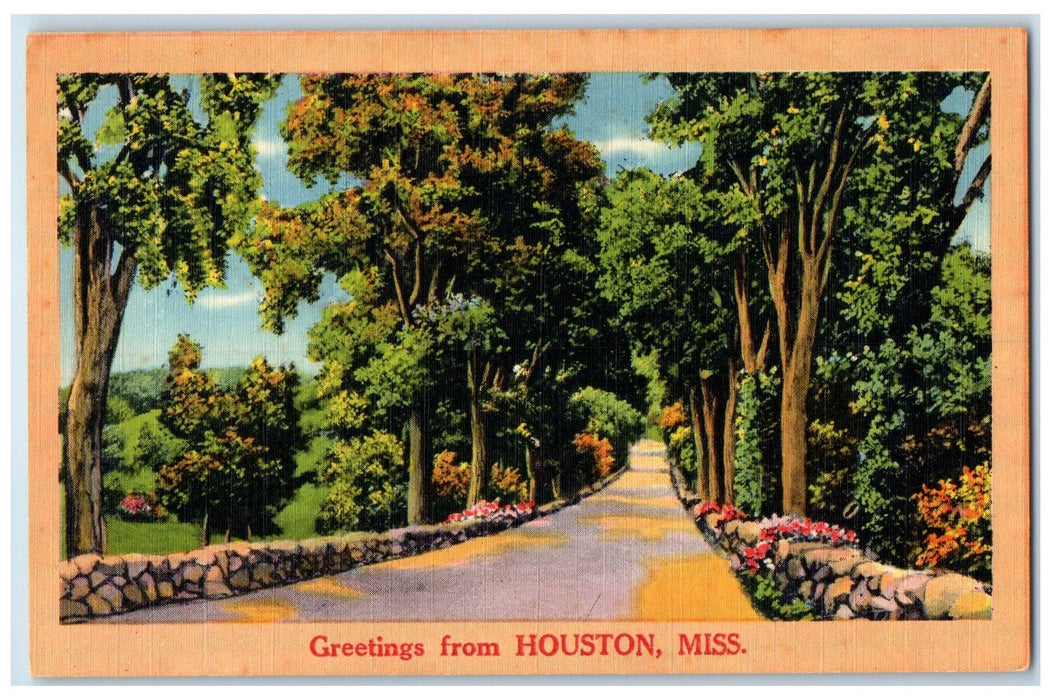 1961 Greetings From Houston Driveway Scene Mississippi MI Posted Trees Postcard