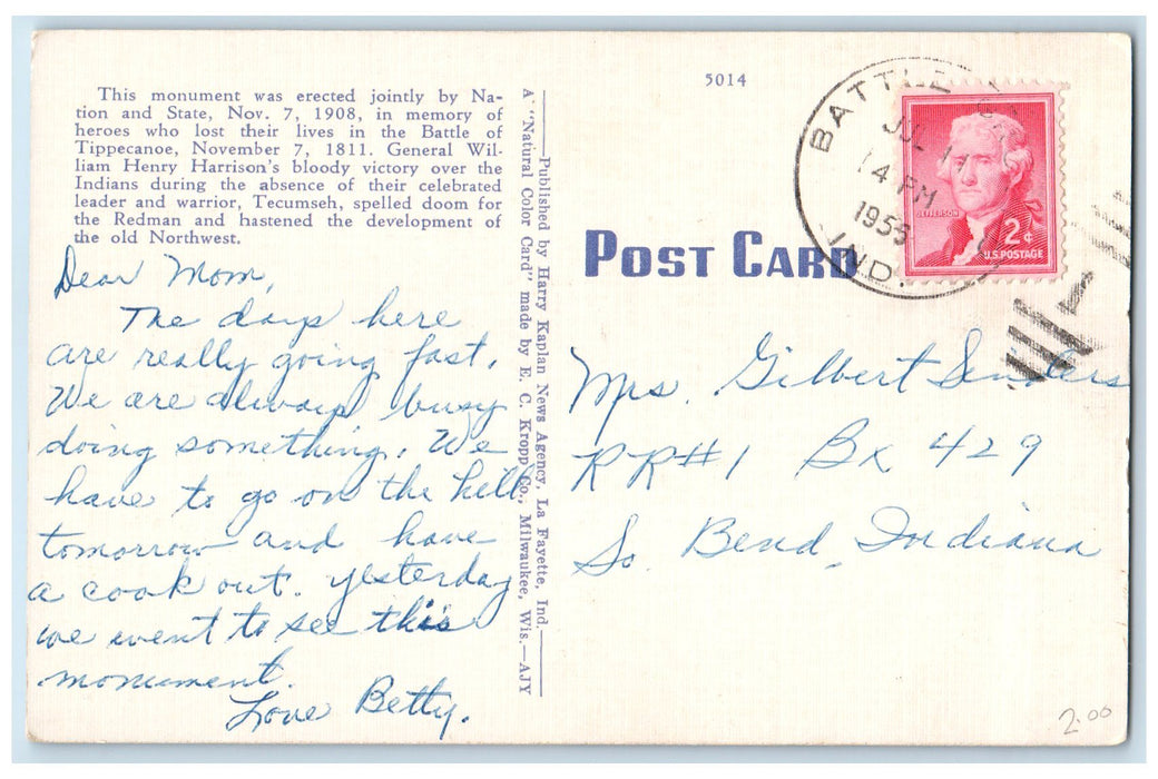 1955 Soldiers Monument Battle Ground Near Lafayette Indiana IN Posted Postcard
