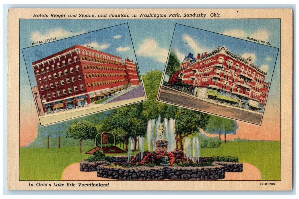 1956 Hotels Rieger And Sloane And Fountain Washington Park Sandusky OH Postcard