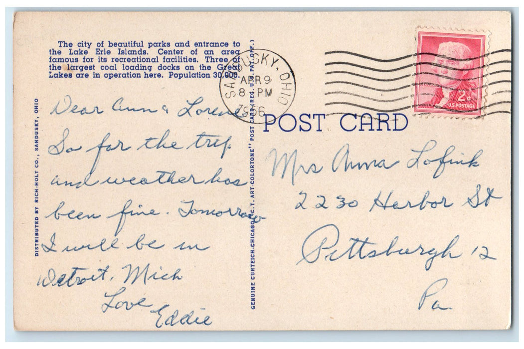 1956 Hotels Rieger And Sloane And Fountain Washington Park Sandusky OH Postcard