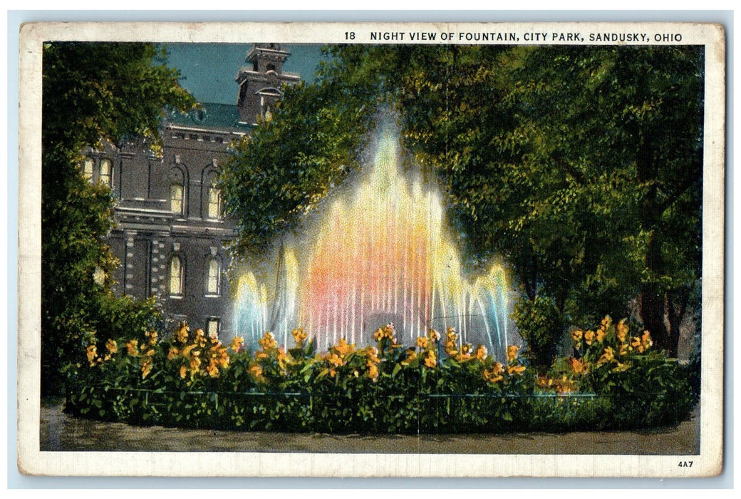 c1940's Night View Of Fountain City Park Flowers Night Sandusky Ohio OH Postcard