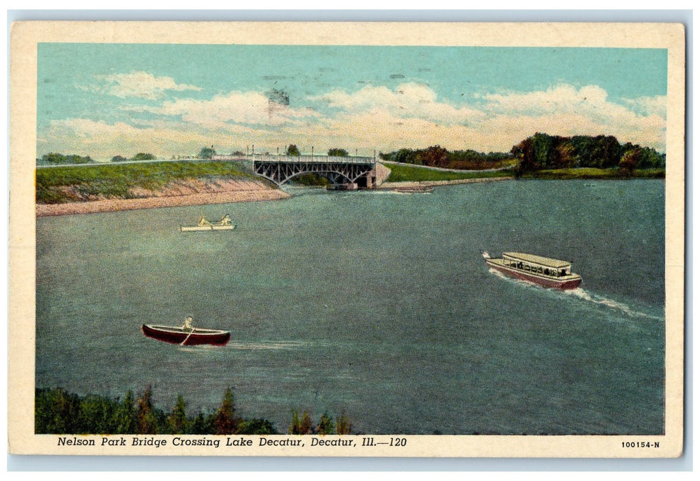 1955 Nelson Park Bridge Crossing Lake Decatur Illinois IL Posted Boats Postcard