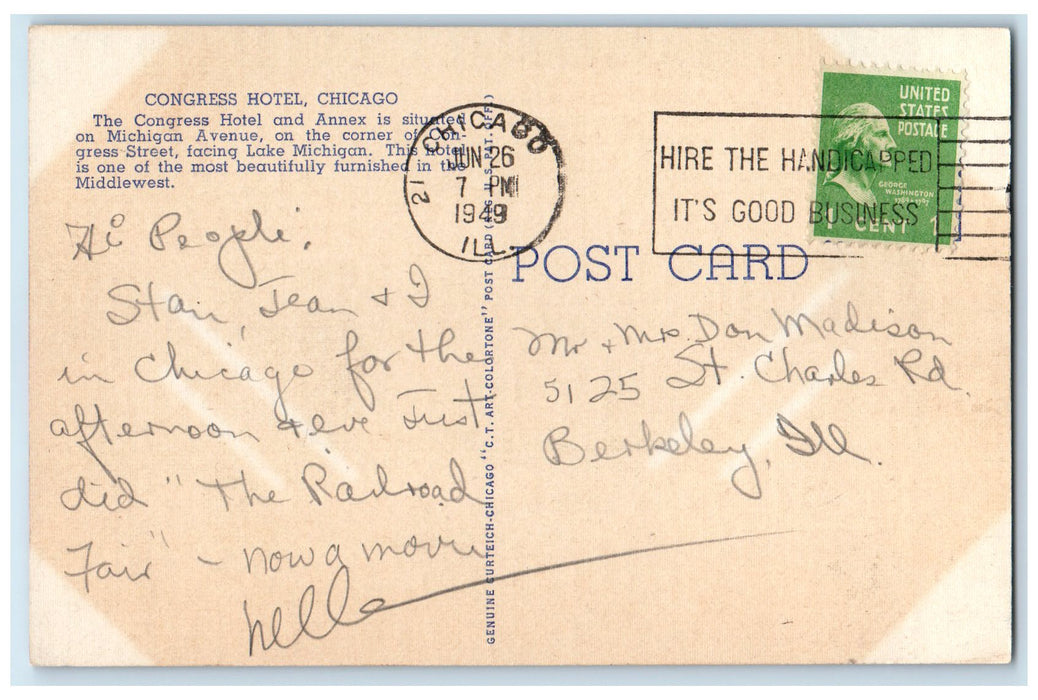 1949 Congress Hotel Exterior Roadside Chicago Illinois IL Posted Cars Postcard