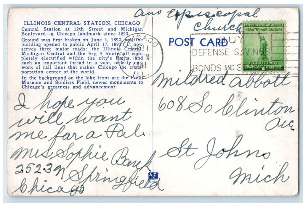 1941 Illinois Central Station Aerial View Chicago Illinois IL Posted Postcard