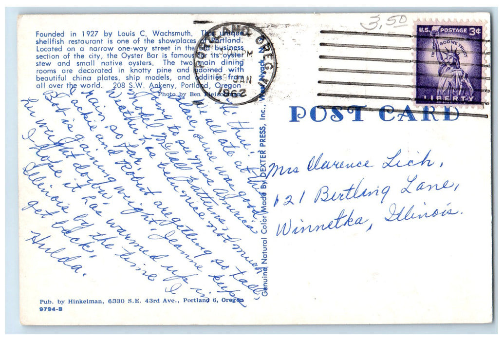 1962 Oyster Bar The Unique Shellfish Restaurant In Portland Oregon OR Postcard