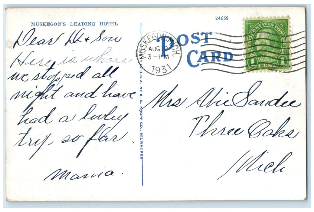 1931 Occidental Motel Exterior Roadside Muskegon Michigan MI Posted Car Postcard