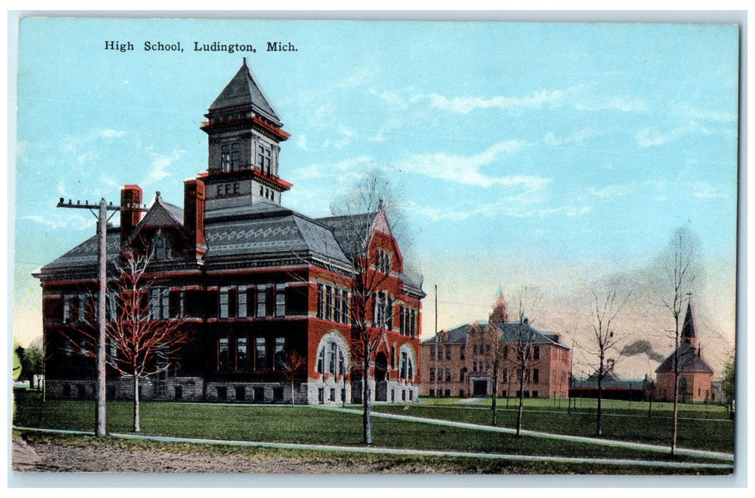 c1910's High School Exterior Roadside Ludington Michigan MI Unposted Postcard