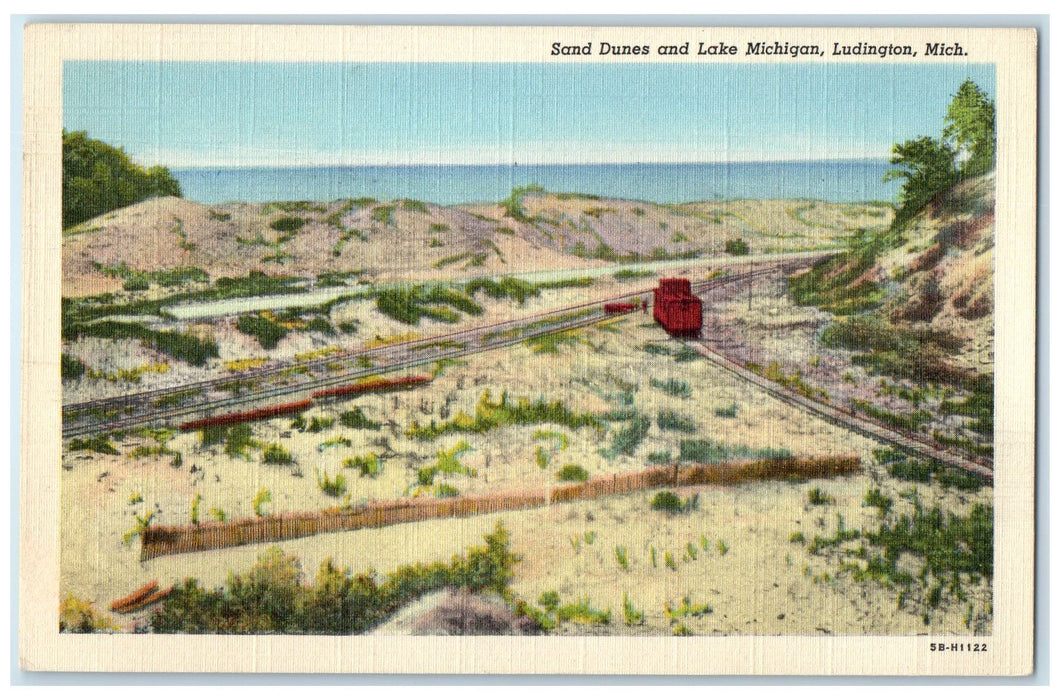 c1940s Sand Dunes And Lake Michigan Train Railway Ludington Michigan MI Postcard