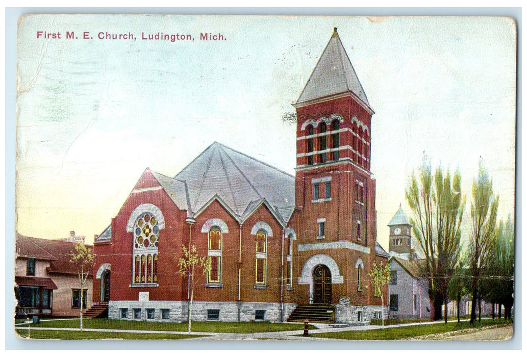 1917 First Methodist Episcopal Church Exterior Ludington Michigan MI Postcard